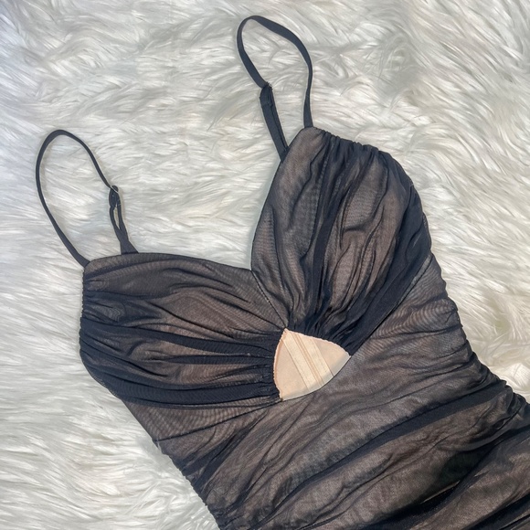 On Trend [Lulus] Sexy NWT Ruched Black Mesh Overlay Bodycon Mini Dress | Small - Picture 3 of 14